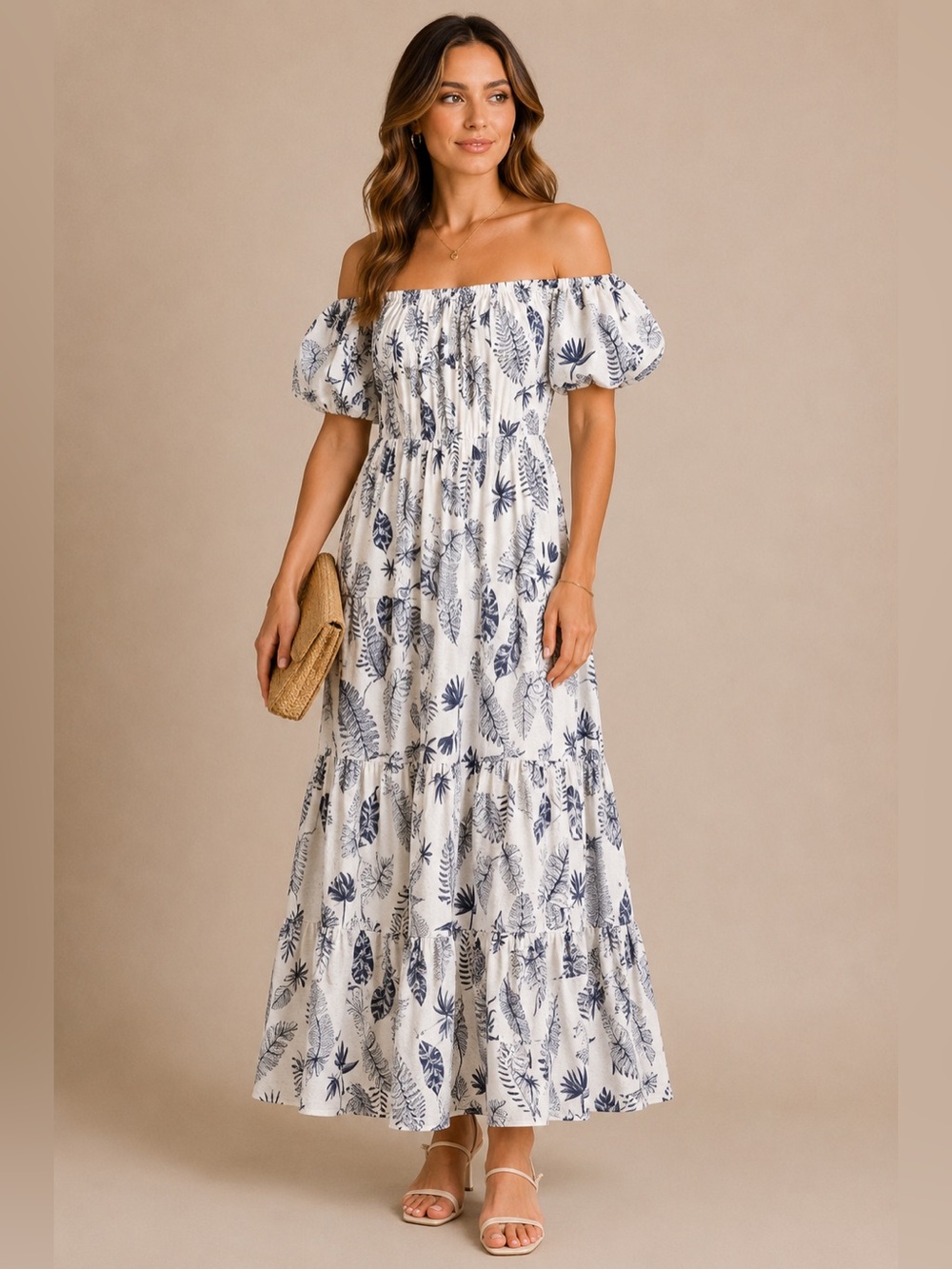 Blue&White Tropical Maxi Dress Puff Sleeve Coastal Cottagecore Resort Size L